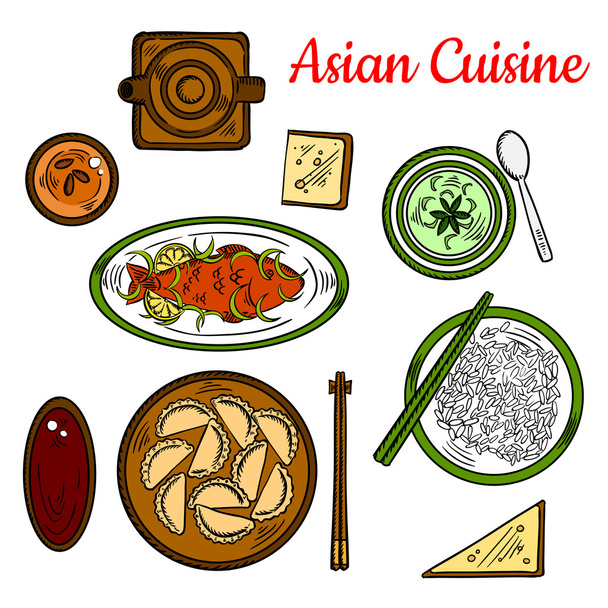 Δημοφιλές ταϊλανδέζικο δείπνο για τον σχεδιασμό της ασιατικής κουζίνας - Διάνυσμα, εικόνα