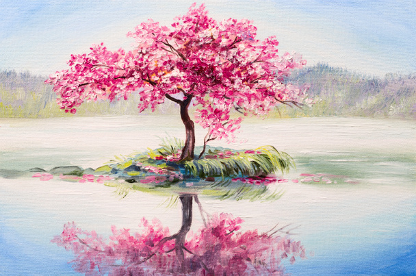 peinture à l'huile paysage, cerisier oriental, sakura sur le lac
 - Photo, image