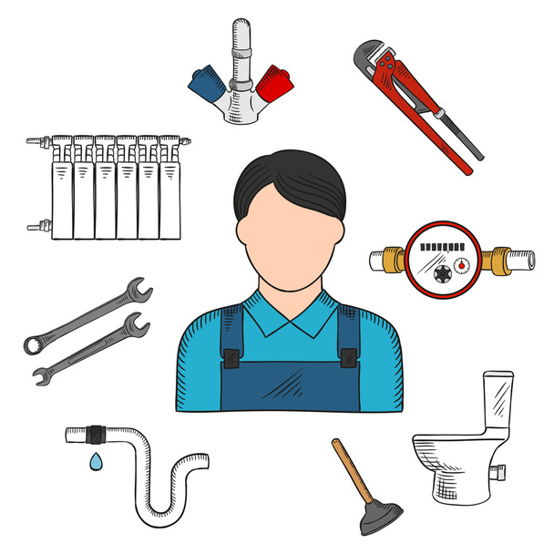 Loodgieter schets icoon met handgereedschap en uitrustingen - Vector, afbeelding