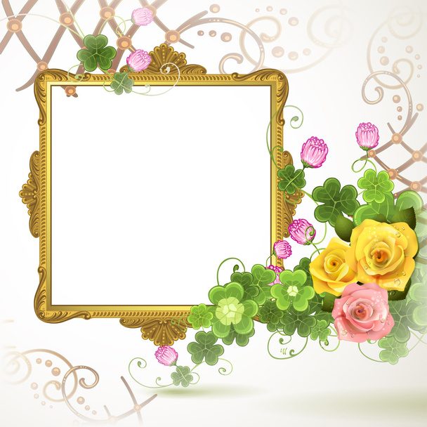 Golden frame with roses on white background - Vektor, obrázek