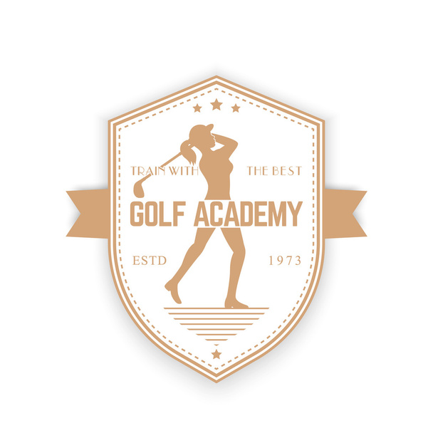 ゴルフアカデミーヴィンテージエンブレム、女性ゴルフ選手スイングゴルフクラブ付きバッジ、ベクトルイラスト - ベクター画像