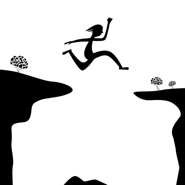 Jump Over Abyss - Jumping Man or Woman Silhouette on White Background - Vector, Image