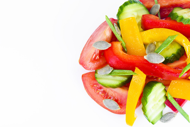 Healthy and diet food: Lettuce, tomato, pepper, seeds, oil, salt - Photo, Image