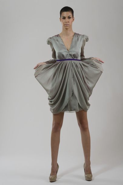 Елегантна жінка в модному платті позує в студії
 - Фото, зображення