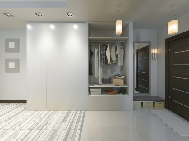 Hall avec un couloir de style contemporain avec une armoire et un
 - Photo, image