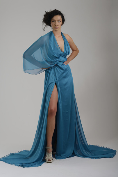 Elegant woman in fashionable dress posing in the studio - Foto, imagen
