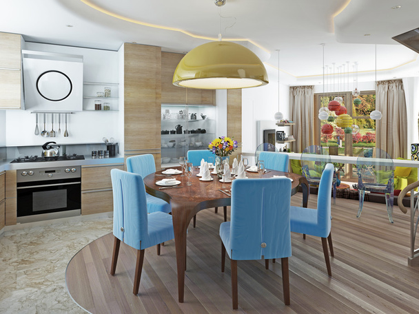 Moderne eetkamer met keuken in een trendy stijl kitsch. - Foto, afbeelding