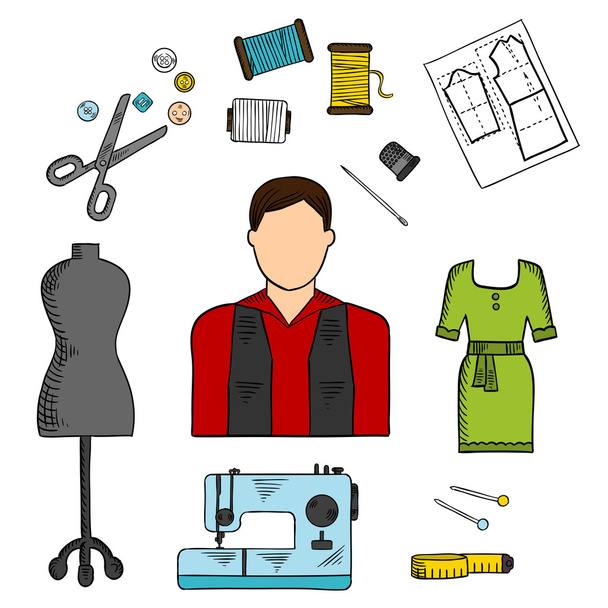 Fashion designer with sewing tools colored sketch - Vector, Image