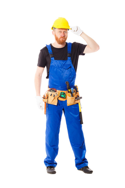 Constructor de hombre con conjunto de herramientas de construcción, aislado
 - Foto, imagen