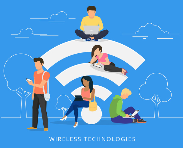 People with gadgets using wi-fi outdoors - Vector, Image
