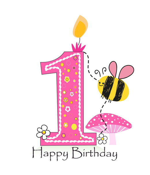 Feliz primer cumpleaños vela. Tarjeta de felicitación de niña con fondo vector de abeja y margarita
 - Vector, Imagen