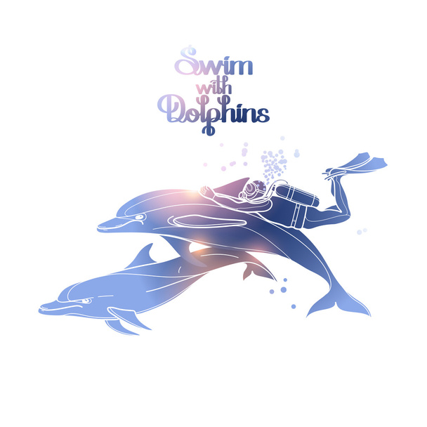 Mergulhador gráfico cavalgando o golfinho
 - Vetor, Imagem