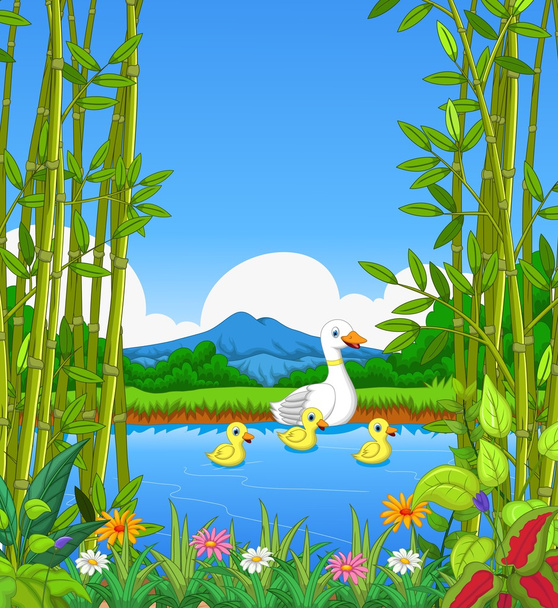 pato de dibujos animados nadando en el lago con fondo de paisaje
 - Vector, Imagen