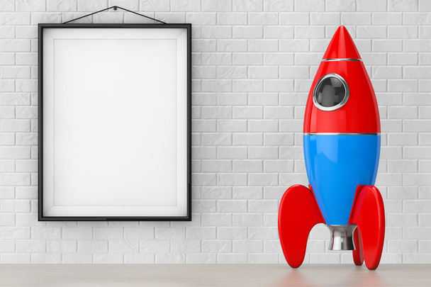Childs Toy Rocket en frente de la pared de ladrillo con marco en blanco. 3d Re
 - Foto, Imagen