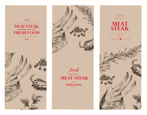 vector carne filete boceto dibujo plantilla de diseñador. alimentos dibujados a mano telón de fondo para la identidad corporativa
 - Vector, Imagen