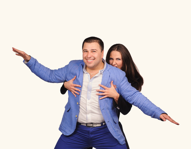 Man and woman with funny faces isolated over white background - Photo, Image