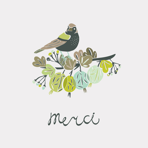 Merci. Bird with flowers.  - Vector, Imagen