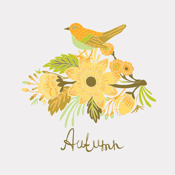 Autumn. Bird with flowers. - Διάνυσμα, εικόνα