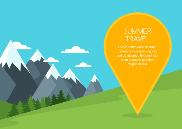 Summer or spring mountains landscape, vector background. Pin mapping mark with place for text.  - Διάνυσμα, εικόνα