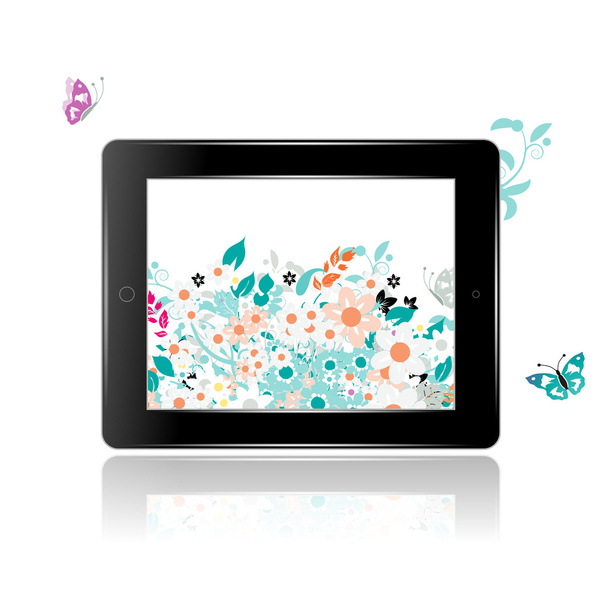 zwarte abstracte tablet pc met florale decoratie voor uw ontwerp - Vector, afbeelding
