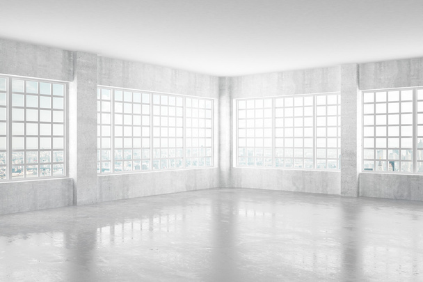 Empty light concrete room with windows and city view, 3D Renderi - Photo, Image