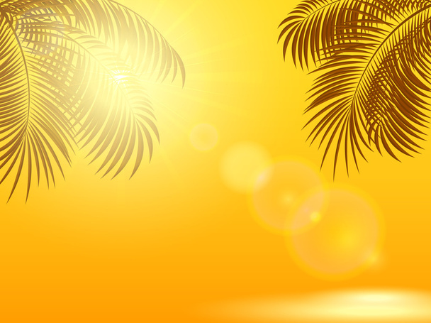Palm leaves and sun on orange background - Вектор,изображение