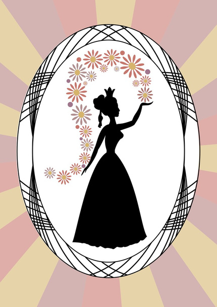 Silueta de dama vintage, dama lanzando flores, en marco ovalado sobre fondo de rayos, estilo art deco
 - Vector, Imagen