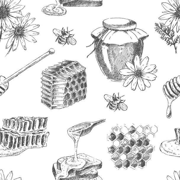 vector honey seamless pattern. hand drawn jar, spoon, stick, cells, camomile. ink sketch of organic nature products - Vetor, Imagem