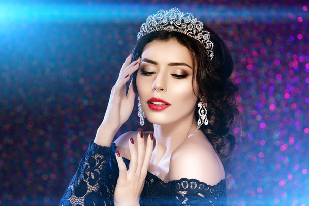 Woman in lux dress crown, queen princess lights party background - Fotó, kép