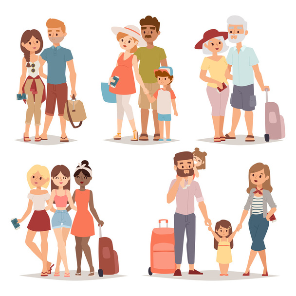 Traveling family group people on vacation together character flat vector illustration. - Vector, Image