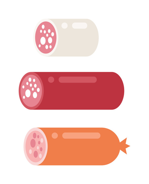 Smoked salami sausage isolated barbecue unhealthy eat fat smoked fresh bratwurst vector. - Vektor, kép