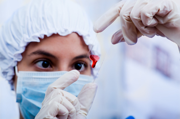Closeup headshot nurse wearing bouffant cap and facial mask holding up blood sample on slide glass for camera - Foto, afbeelding