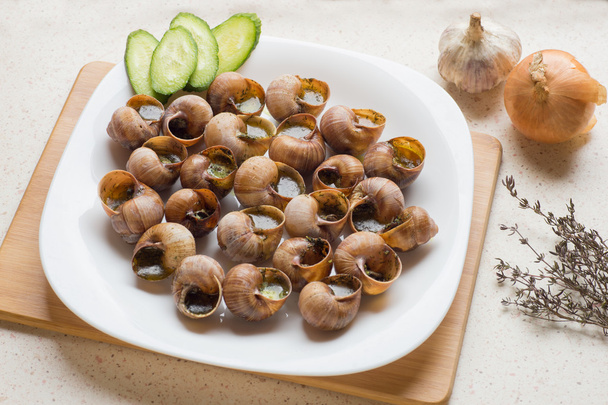 Top view of cooked snails (escargot) - traditional portuguese sn - 写真・画像