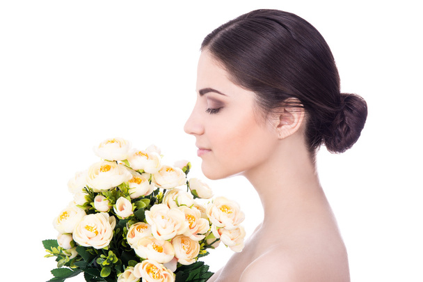 natural beauty concept - side view of young beautiful woman with - 写真・画像