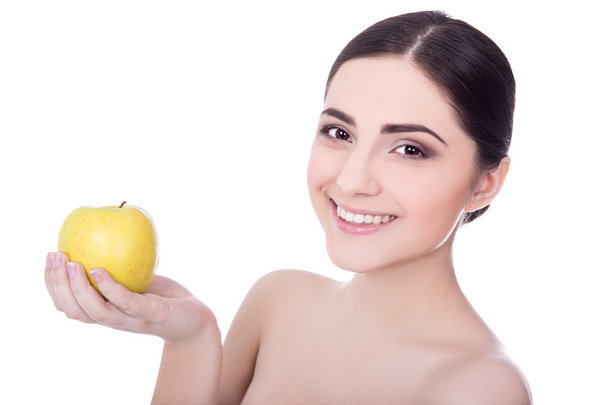 concepto de dieta - retrato de joven bella mujer con isol de apple - Foto, Imagen