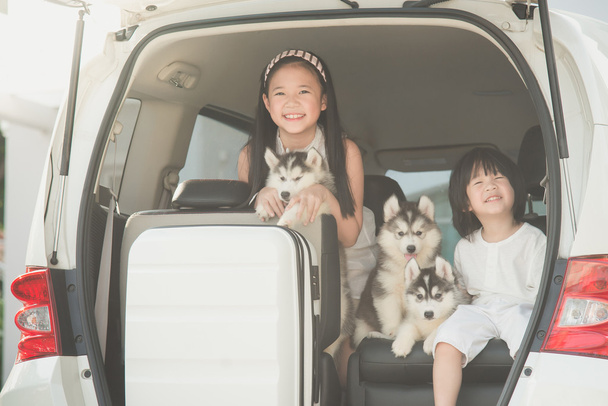 Felice asiatico bambini e siberiano husky cucciolo seduta in macchina
 - Foto, immagini