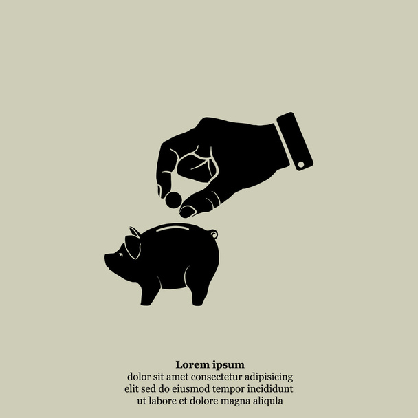 mão colocando moeda no ícone do banco porquinho
 - Vetor, Imagem