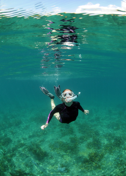 Jeune femme plongée avec tuba
 - Photo, image