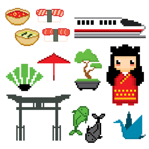 Japan banner icons. Pixel art - Vetor, Imagem