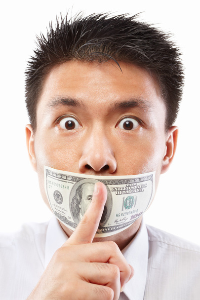 Bribe concept, mouth sealed with dollar bill - Φωτογραφία, εικόνα
