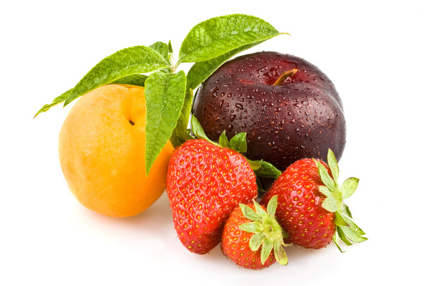  ripe tasty apricot strawberry and plum composition set isolated on white - Φωτογραφία, εικόνα