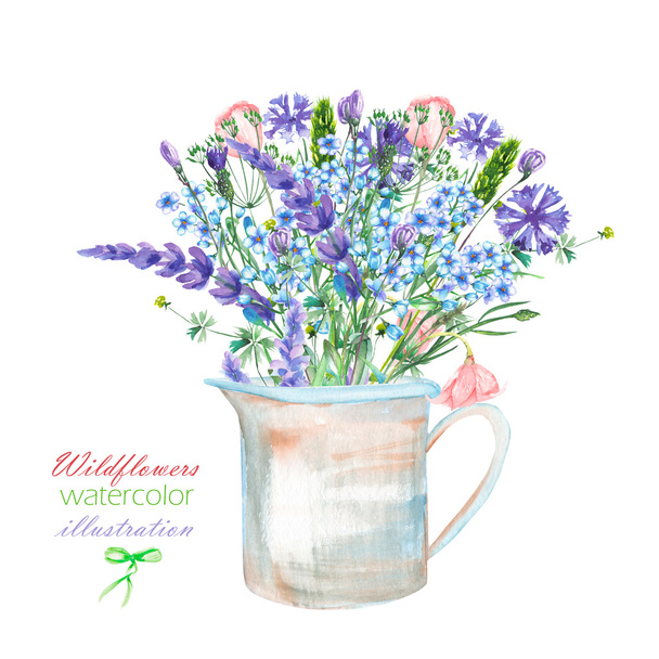 An illustration with a bouquet of the beautiful blue Myosotis flower, cornflowers and lavender flowers in a rustic jar - Fotoğraf, Görsel