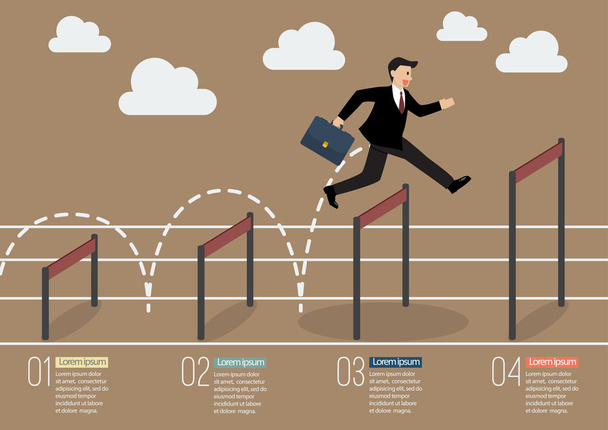 Бизнесмен перепрыгивает через более высокие барьеры инфографики
 - Вектор,изображение