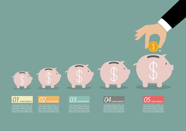 Stap van zakelijke hand munt invoegen in de piggy bank-infographi - Vector, afbeelding