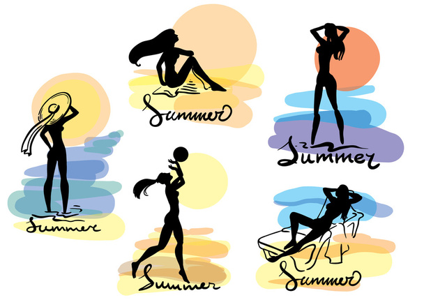 Καλοκαίρι. Κορίτσια σιλουέτες στην παραλία - Διάνυσμα, εικόνα