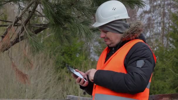 Waldarbeiter mit Tischrechner knabbert an welken Ästen - Filmmaterial, Video