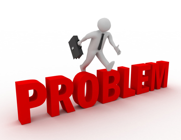 3D-Geschäftsmann springt über 'Problem' -Wort mit weißem Hintergrund - Foto, Bild