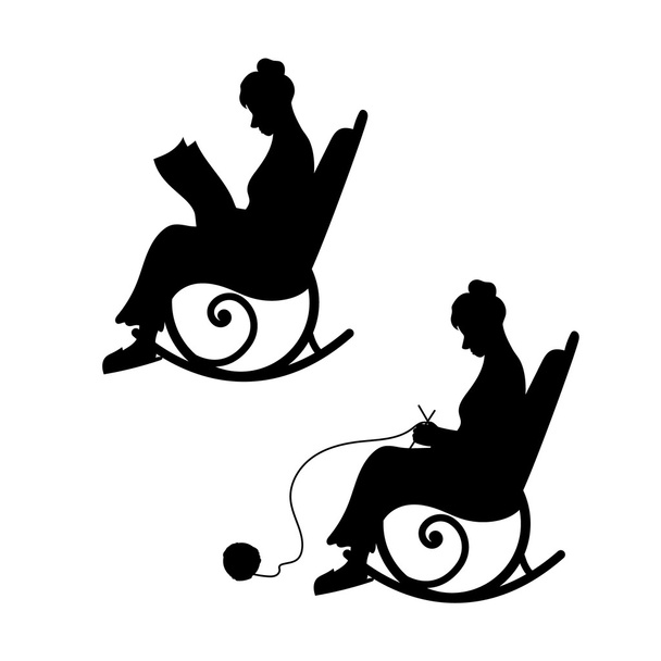 Grandmother knits in a chair, grandma reads the newspaper. - Vector, Imagen