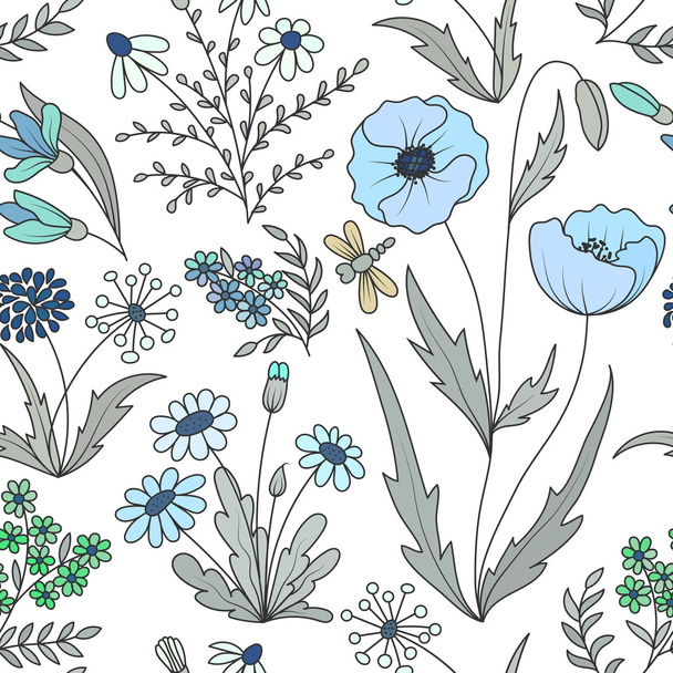 Beautiful vintage seamless pattern with colorful wild spring flowers on a white background. - Vektori, kuva