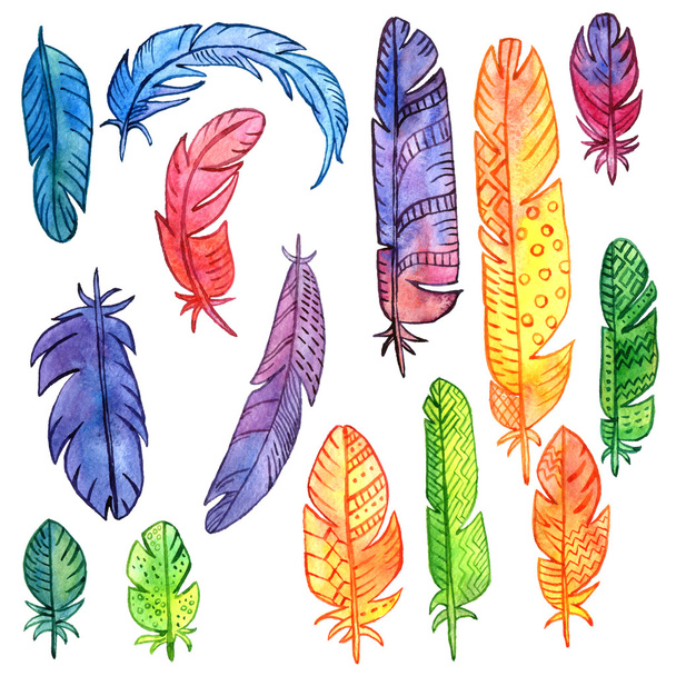 set of watercolor feathers - Fotó, kép